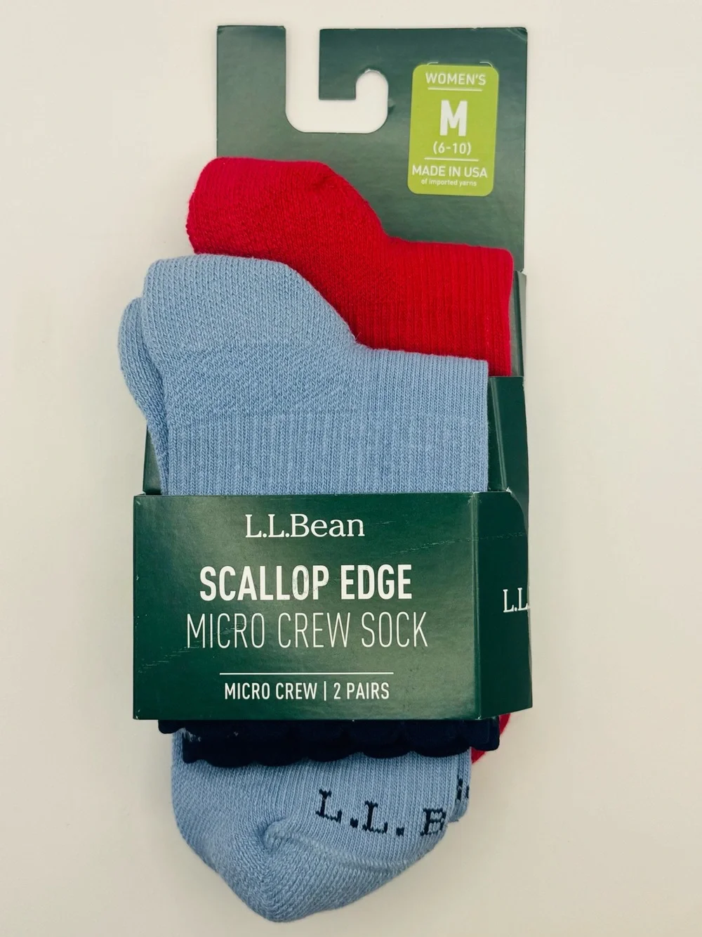 L.L.Bean 2-Pack Scalloped Edge Micro Crew Socks - Pomegranate / Seaboard Blue